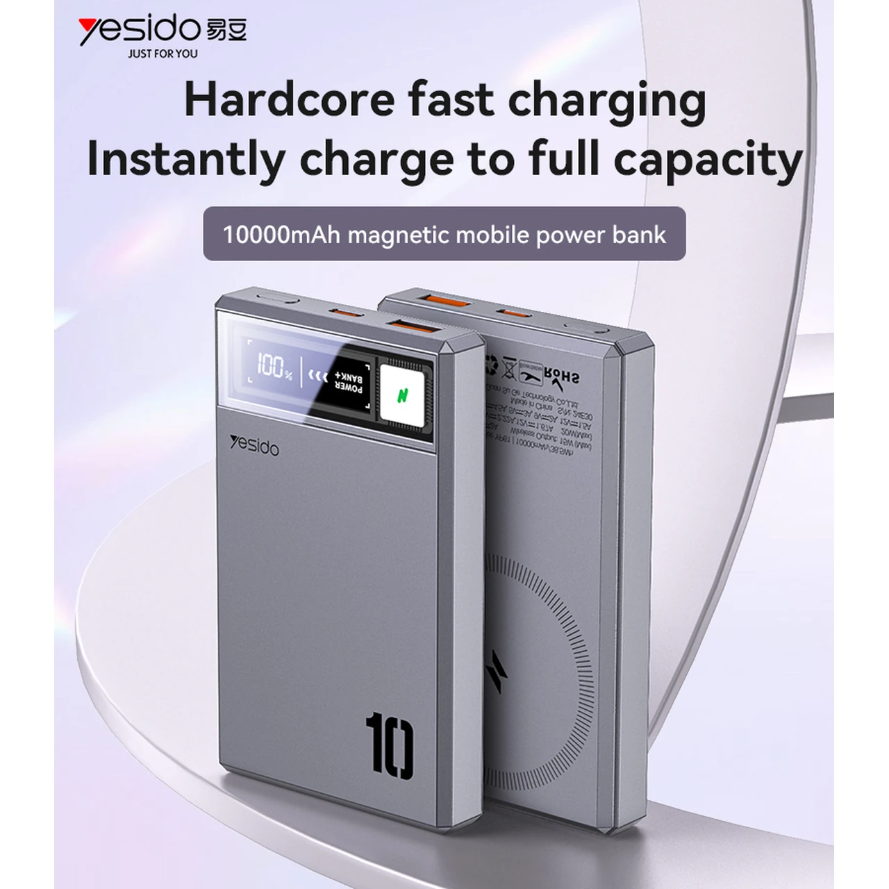 پاوربانک وایرلس PD و فست شارژ  Yesido 10000mAh مدل YP61 20W مگ سیف - خاکستری (گارانتی12 ماه تعویض نیکان همراه)