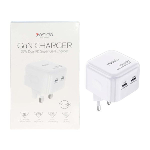 شارژر دیواری سه پین PD و فست دو پورت 35 وات Yesido مدل YC38 - سفید (گارانتی 18 ماه تعویض نیکان همراه) مجهز به فناوری GAN