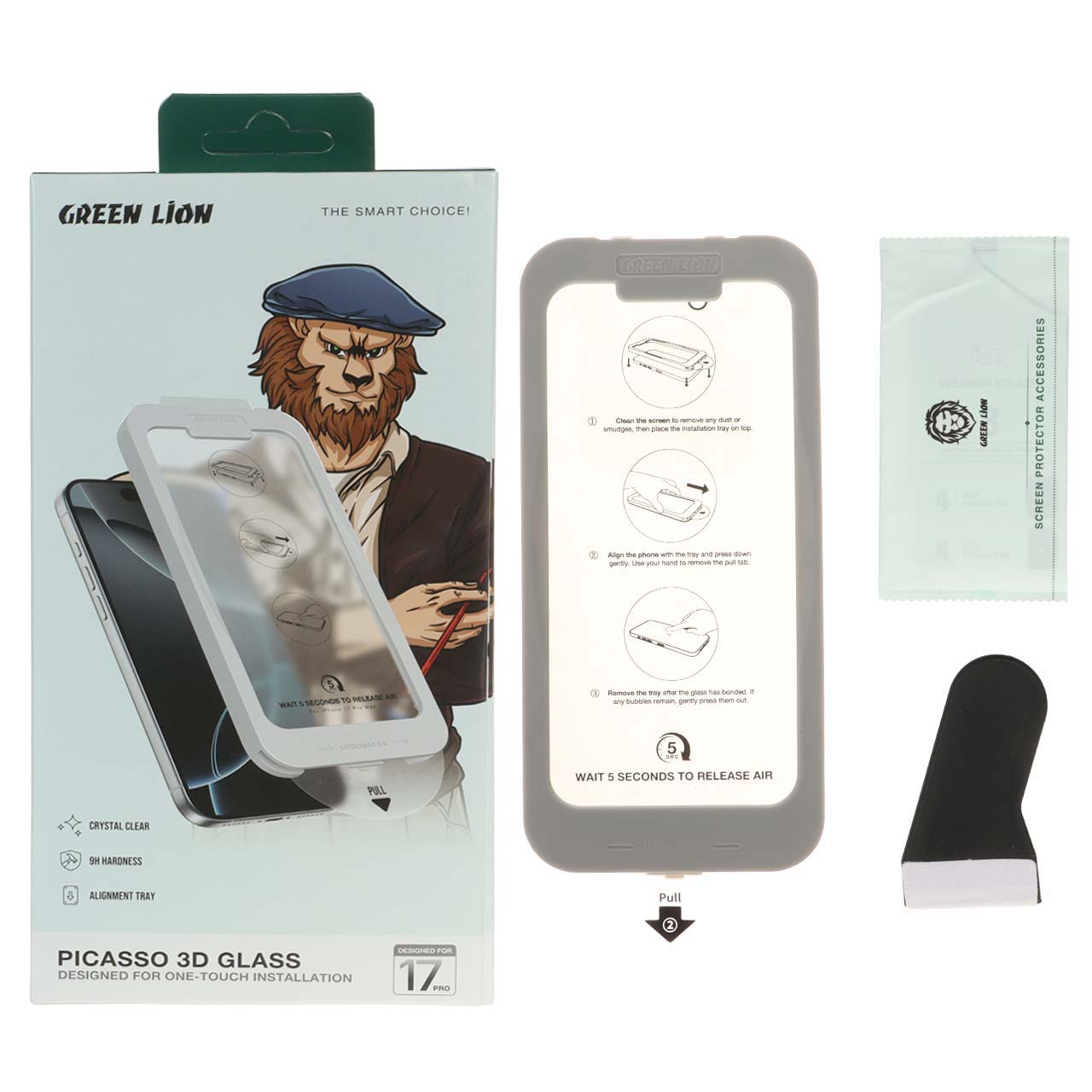 محافظ صفحه نمایش شیشه ای اورجینال Green Lion Picasso 3D Glass One-Touch Installation مدل Apple iPhone 17 Pro (پک دار)