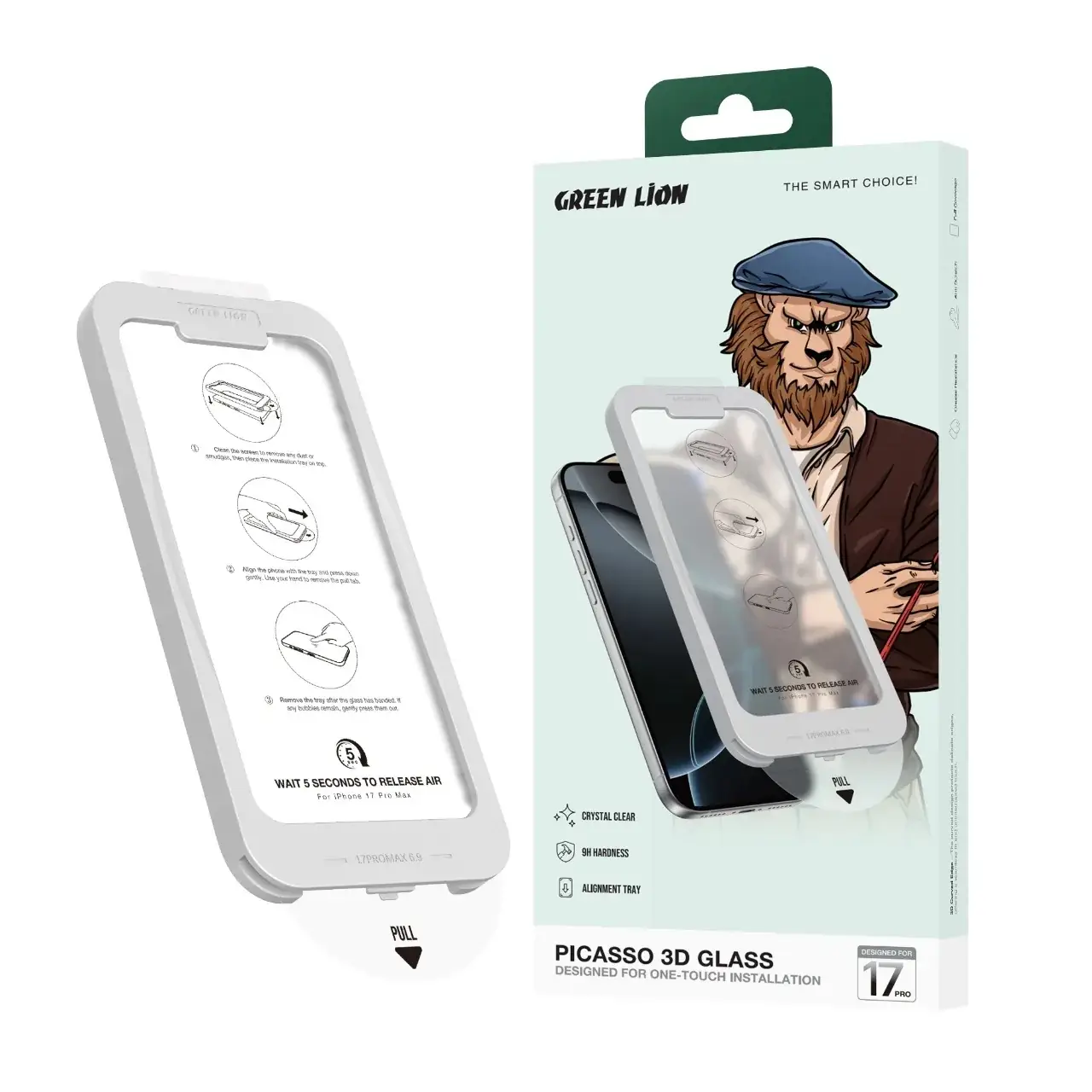 محافظ صفحه نمایش شیشه ای اورجینال Green Lion Picasso 3D Glass One-Touch Installation مدل Apple iPhone 17 Pro (پک دار)