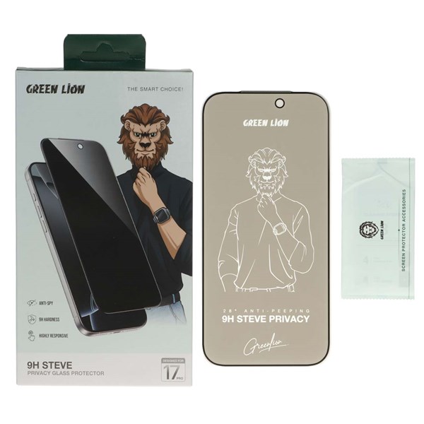 محافظ صفحه نمایش شیشه ای اورجینال Green Lion Steve Privacy مدل Apple iPhone 17 Pro (پک دار)