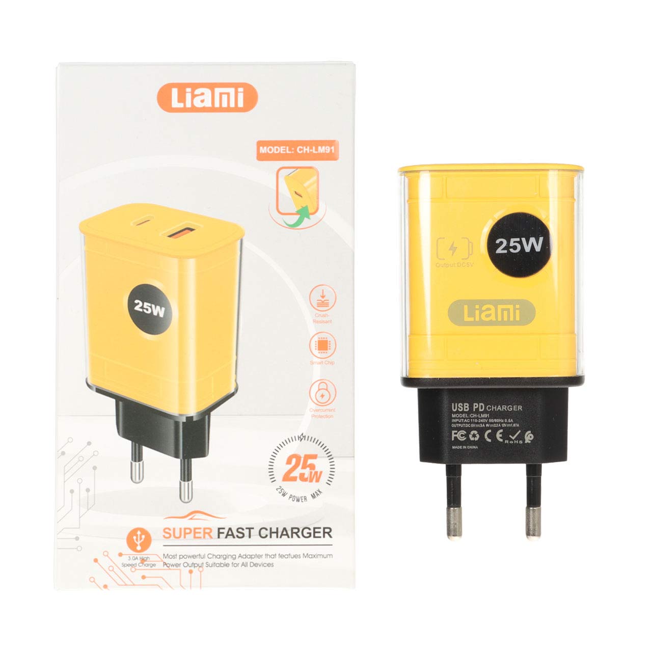 شارژر دیواری PD و فست دو پورت Liami مدل CH-LM91 25W - مشکی زرد (گارانتی شش ماهه شرکتی)