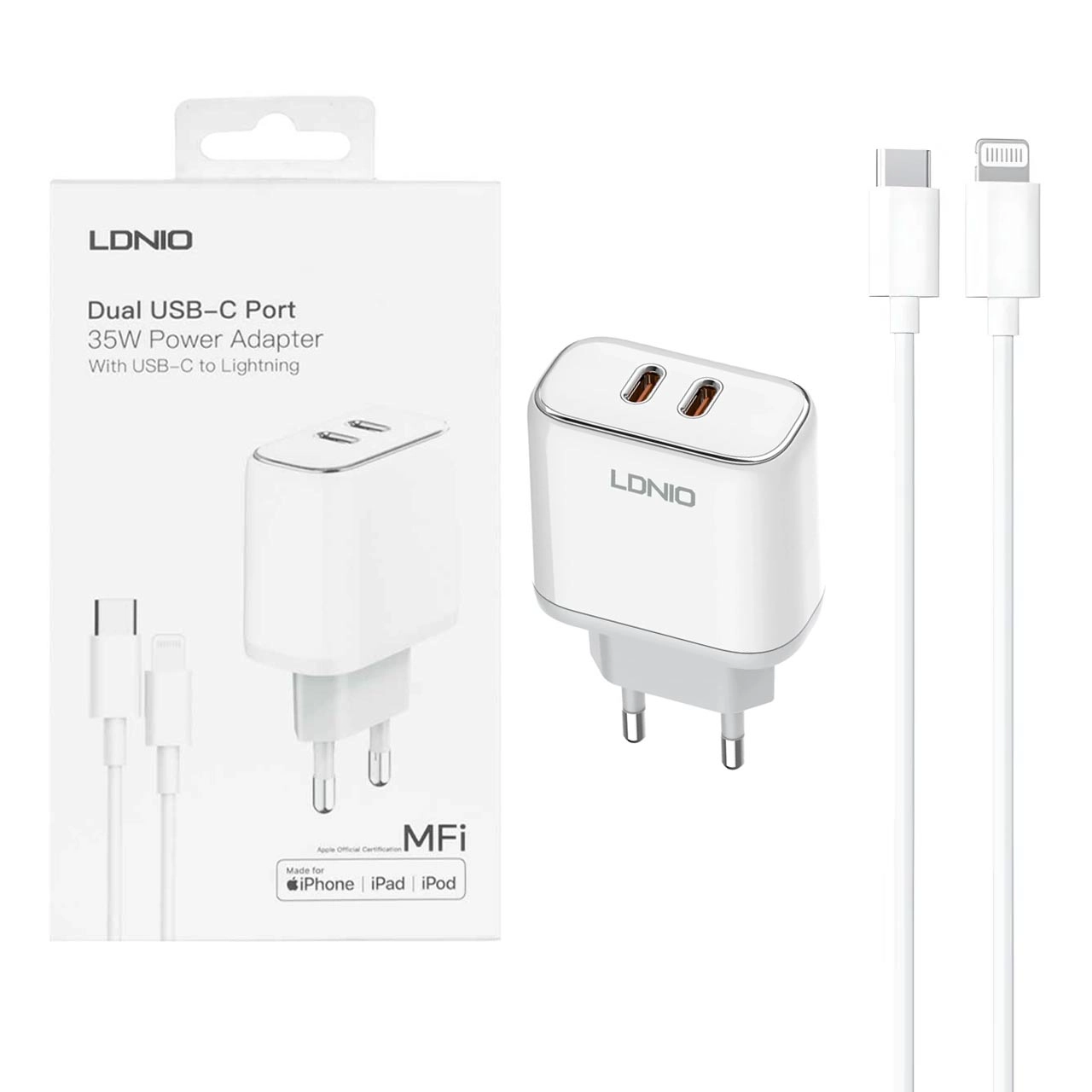 شارژر دیواری فست و PD دو پورت LDNIO مدل A2528M به همراه کابل شارژ Type-C To Lightning - سفید (گارانتی 6 ماهه تعویض نیکان همراه)