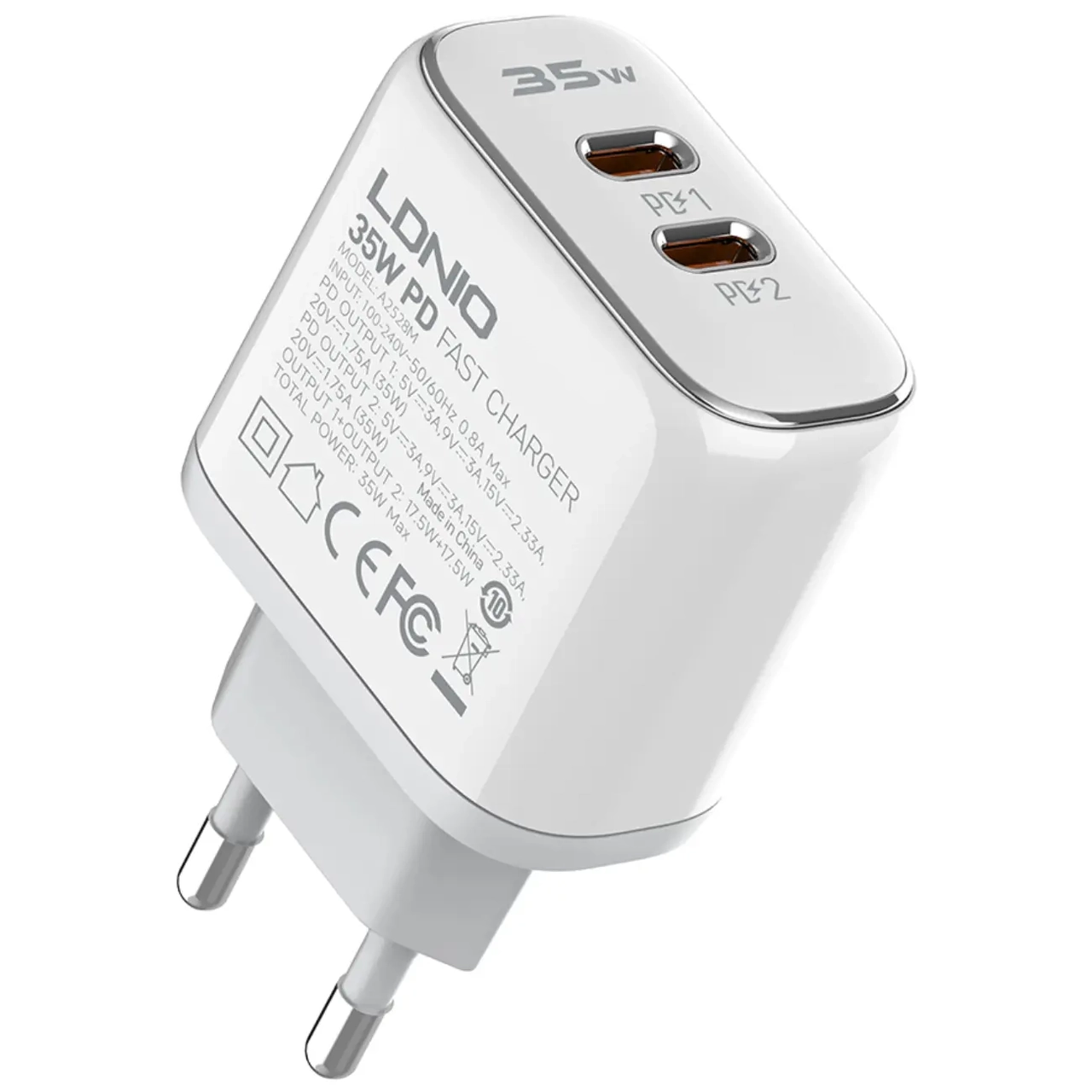 شارژر دیواری فست و PD دو پورت LDNIO مدل A2528M به همراه کابل شارژ Type-C To Lightning - سفید (گارانتی 6 ماهه تعویض نیکان همراه)