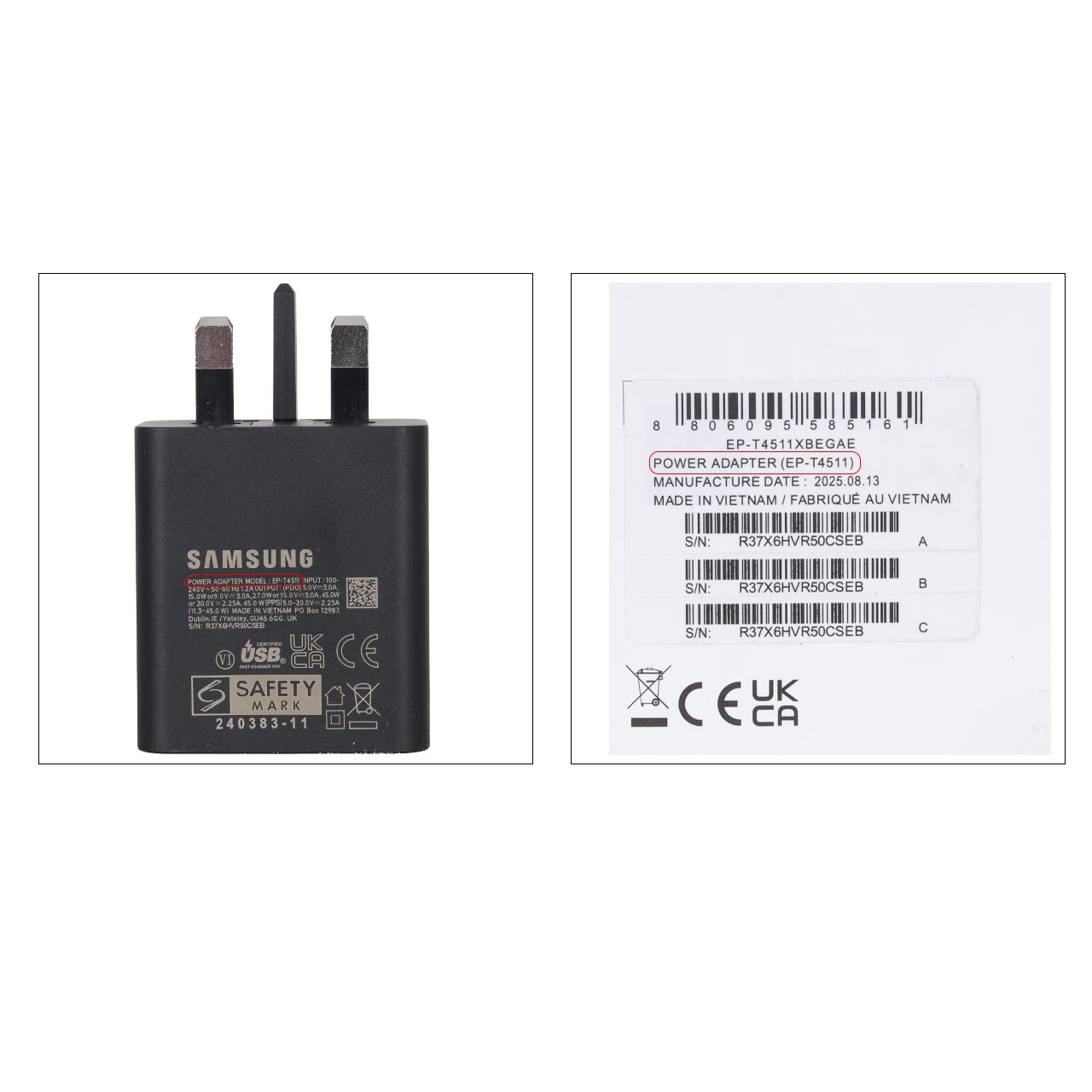 شارژر سه پین + کابل SAMSUNG 45W اصل T4511 ( فست و PD) مشکی - اصل چین (گارانتی 18 ماهه تعویض اچ دی سرویس )