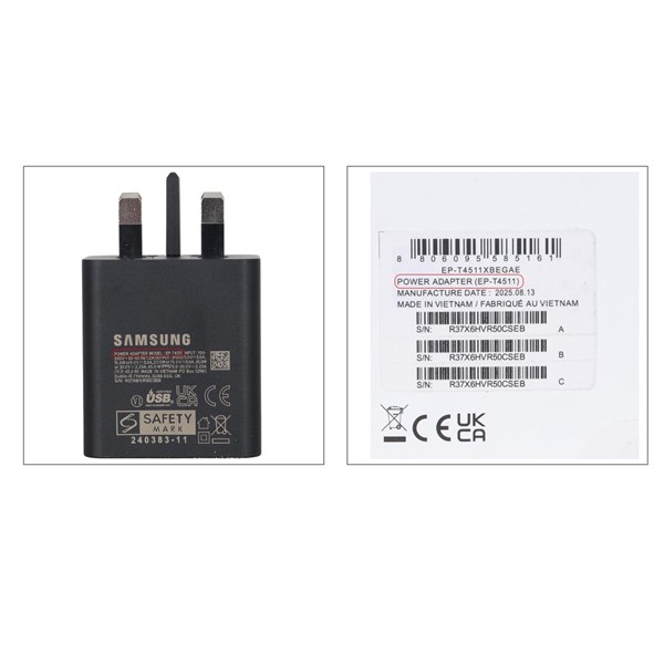 شارژر سه پین + کابل SAMSUNG 45W اصل T4511 ( فست و PD) مشکی - اصل چین (گارانتی 18 ماهه تعویض اچ دی سرویس )