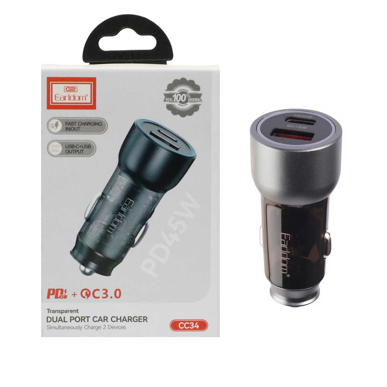 شارژر فندکی PD و فست دو پورت Earldom مدل CC34 45W - خاکستری