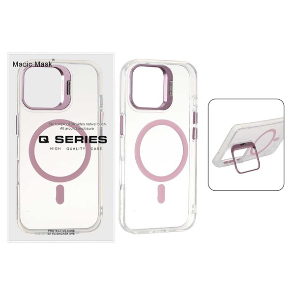 قاب اورجینال Q Series Bracket کریستالی Magsafe لنز استندشو Apple iPhone 16 - صورتی (پک دار)