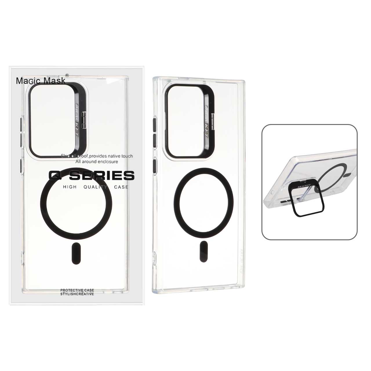 قاب اورجینال Q Series Bracket کریستالی Magsafe لنز استندشو Samsung Galaxy S24 Ultra - مشکی (پک دار)