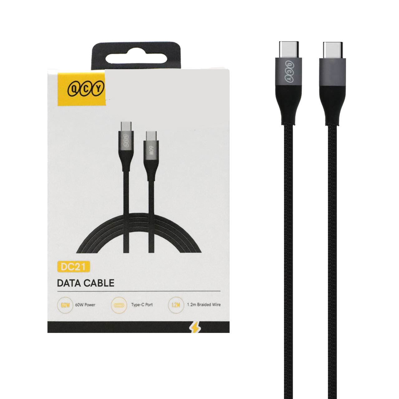 کابل شارژ 1.2 متری فست QCY Type-C To Type-C مدل DC21 60W - مشکی (گارانتی 18 ماهه شرکتی)