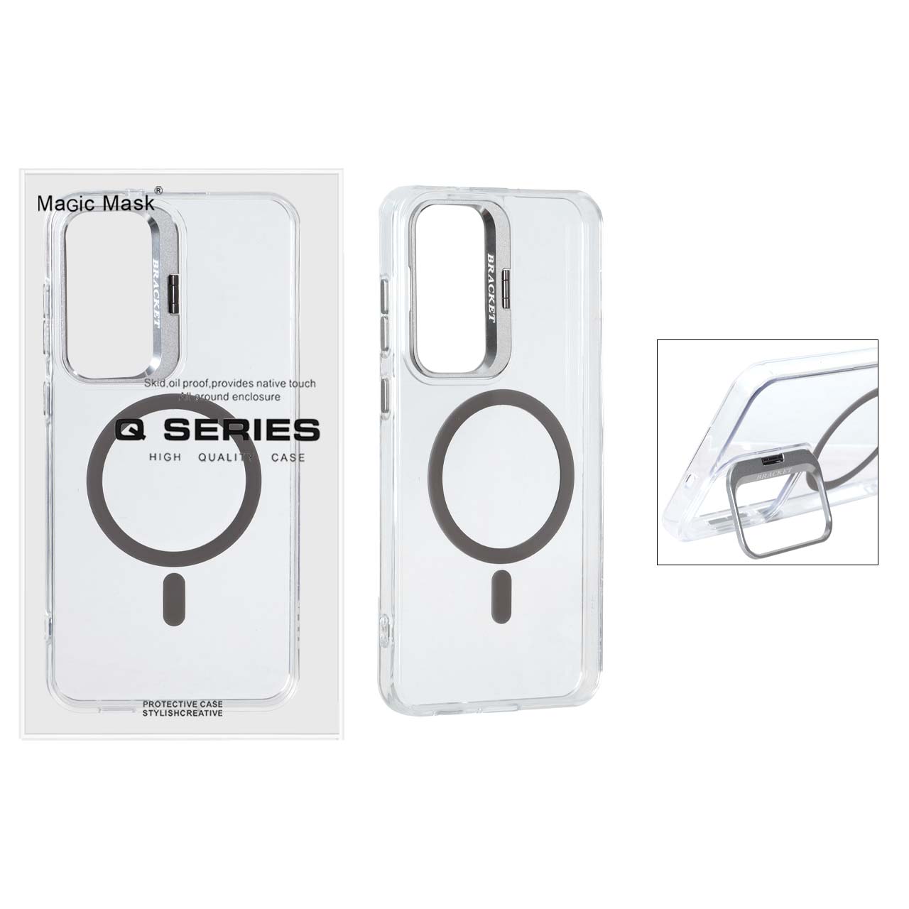 قاب اورجینال Q Series Bracket کریستالی Magsafe لنز استندشو Samsung Galaxy S25 FE - خاکستری (پک دار )