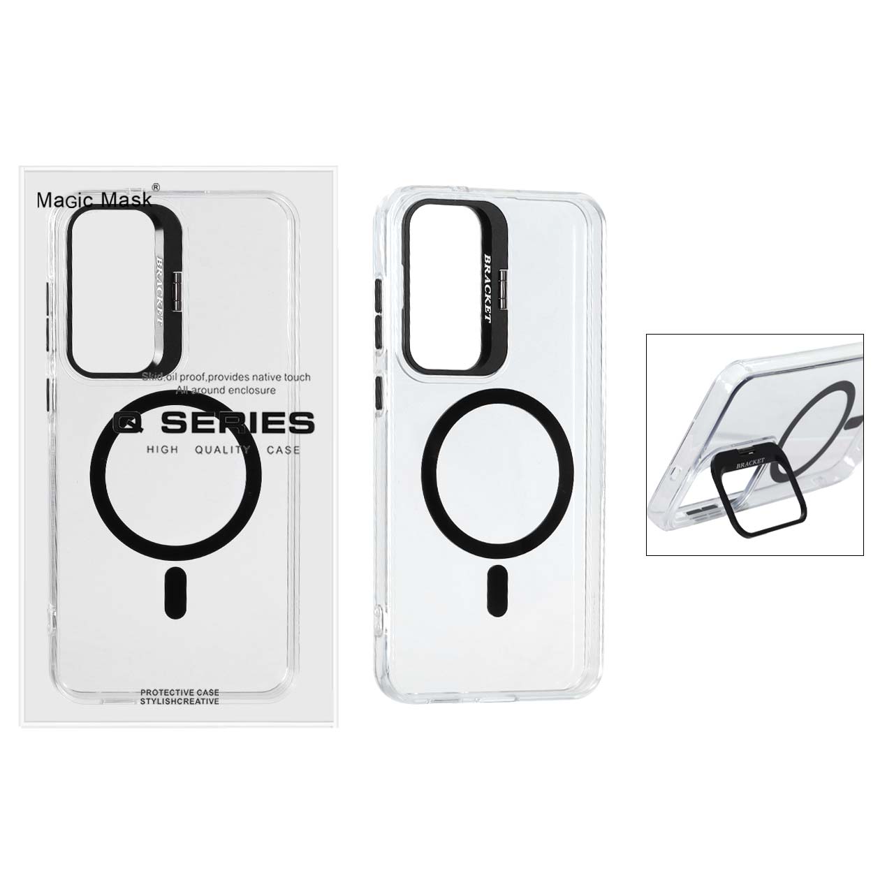 قاب اورجینال Q Series Bracket کریستالی Magsafe لنز استندشو Samsung Galaxy S25 FE - مشکی (پک دار )