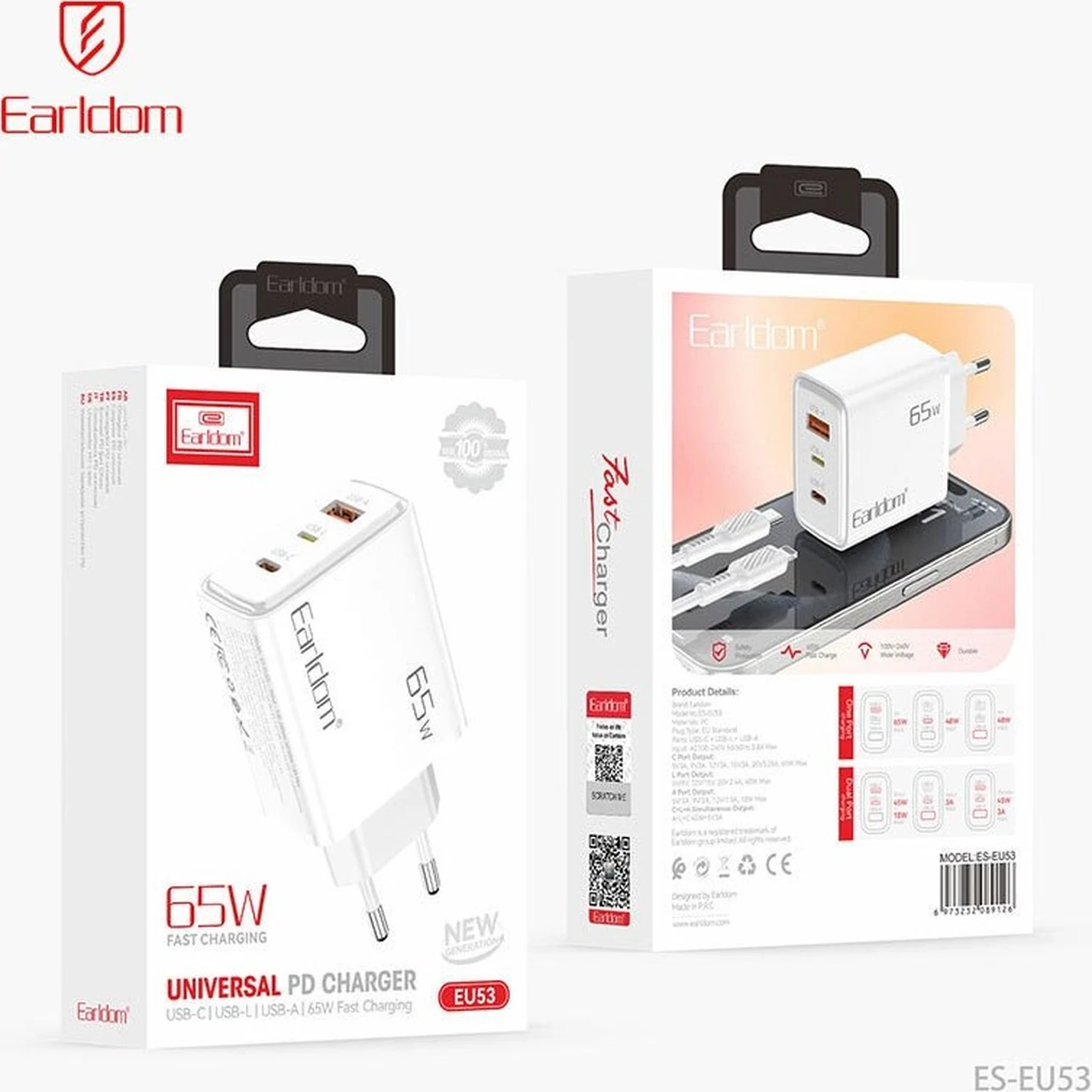 شارژر دیواری PD و فست سه پورت Earldom مدل ES-EU53 - سفید
