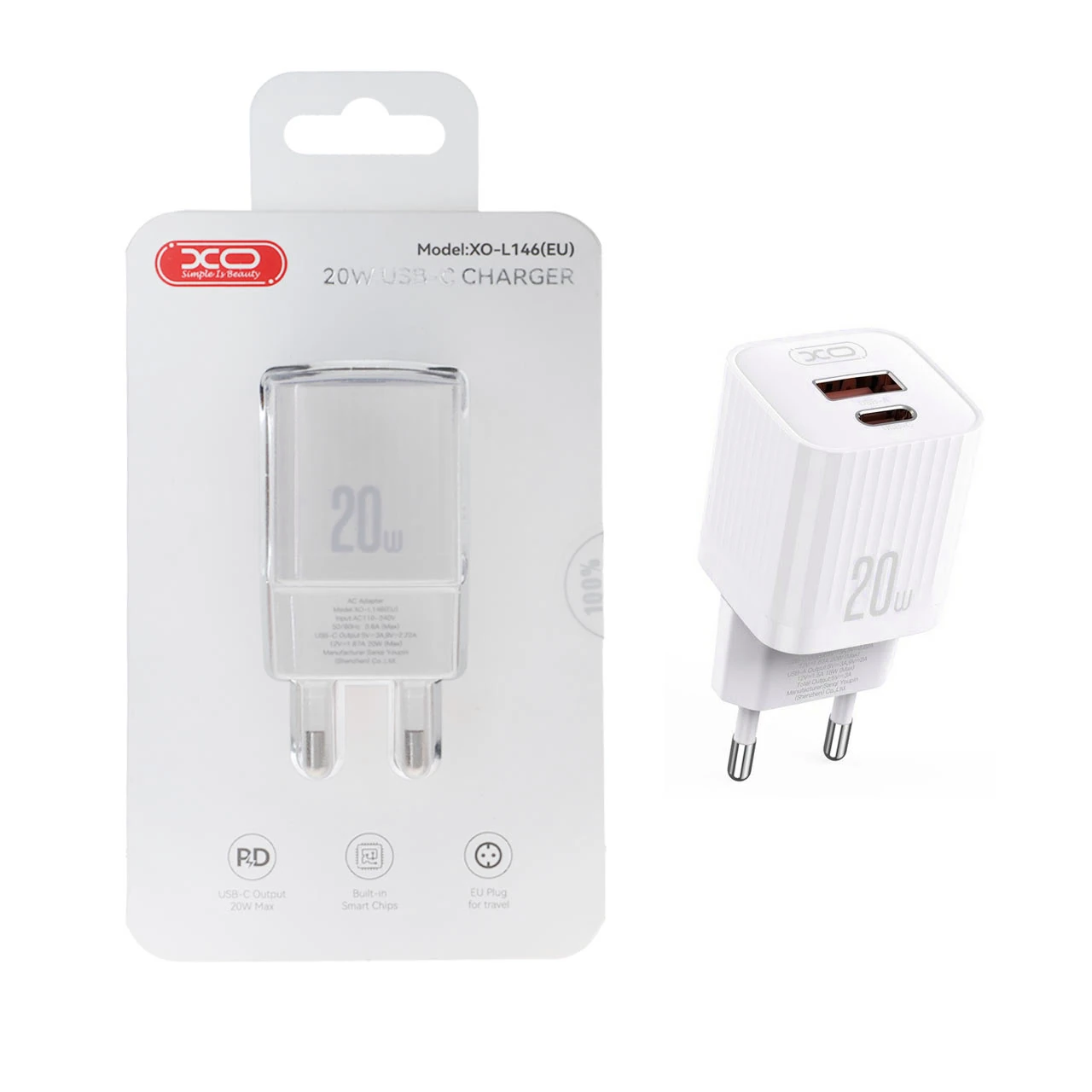 شارژر دیواری PD و فست تک پورت XO مدل XO-L146(EU) 20W - سفید