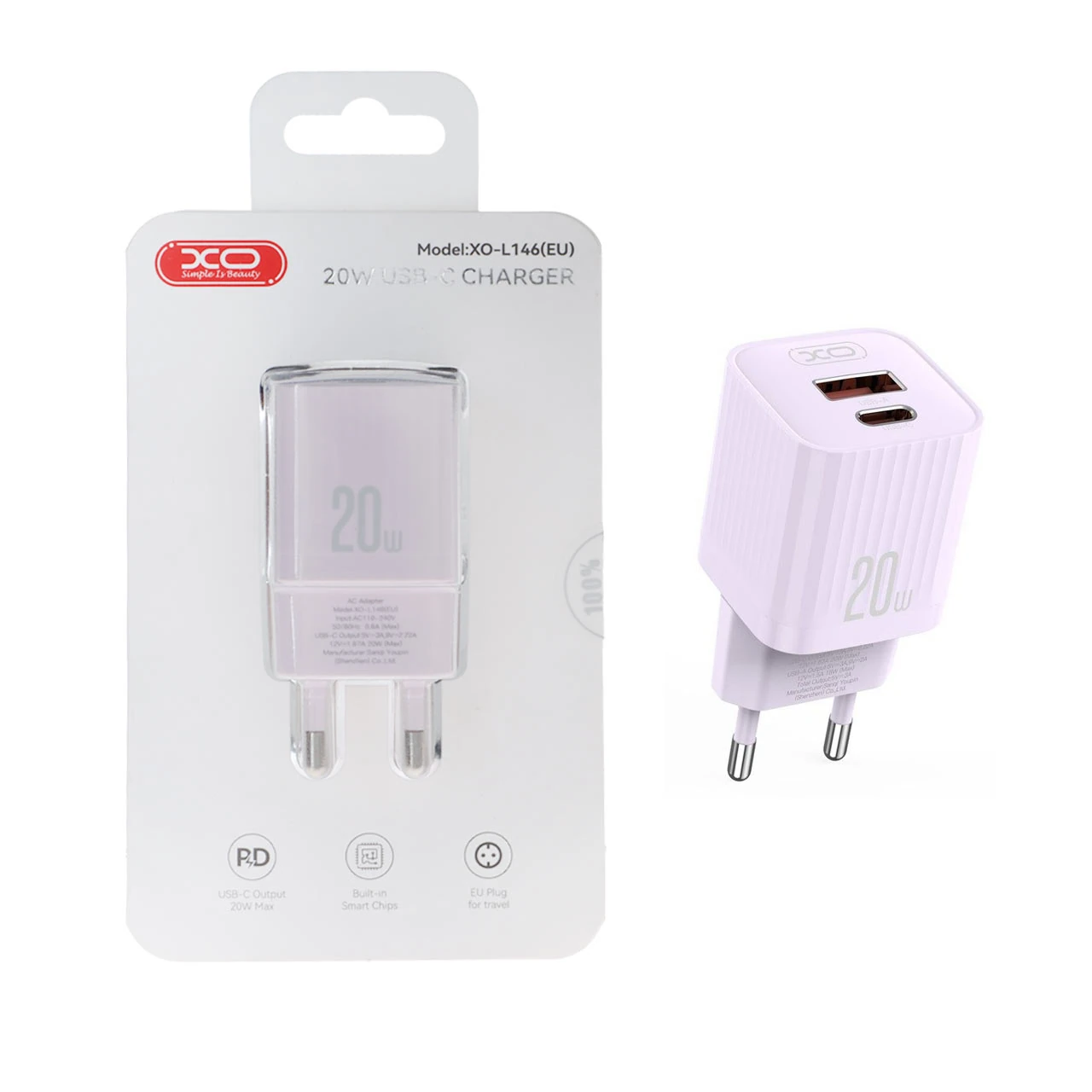 شارژر دیواری PD و فست تک پورت XO مدل XO-L146(EU) 20W - یاسی
