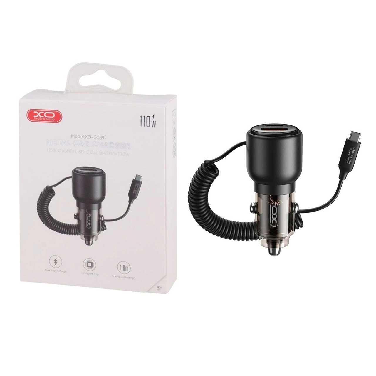 شارژر فندکی PD و فست دو پورت XO مدل XO-CC59 110W به همراه کابل متصل Type-C - مشکی