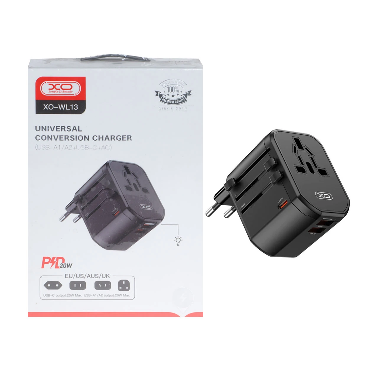 شارژر دیواری PD و فست سه پورت وتبدیل برق XO مدل XO-WL13 20W - مشکی