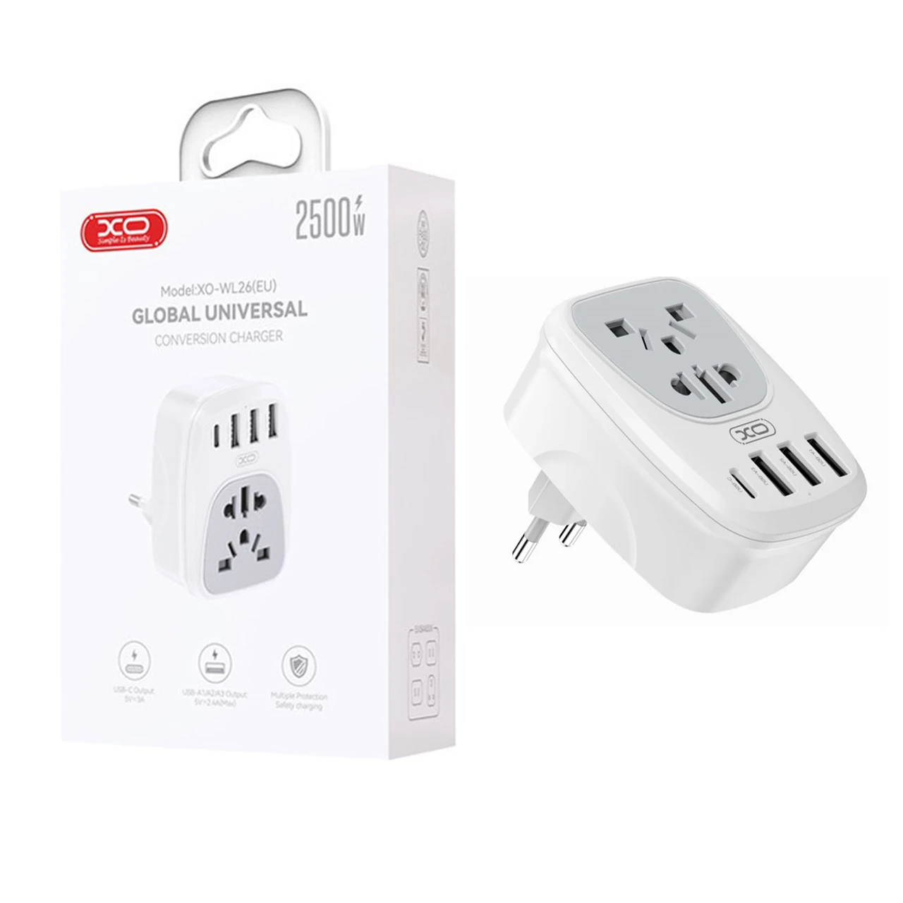 شارژر دیواری PD و فست چهار پورت وتبدیل برق XO مدل XO-WL26(EU) 15W - سفید