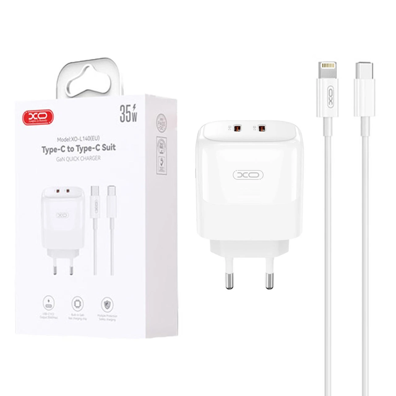شارژر دیواری PD و فست دو پورت XO مدل XO-L140(EU) 35W - سفید به همراه کابل شارژ Type-C To Lightning - سفید