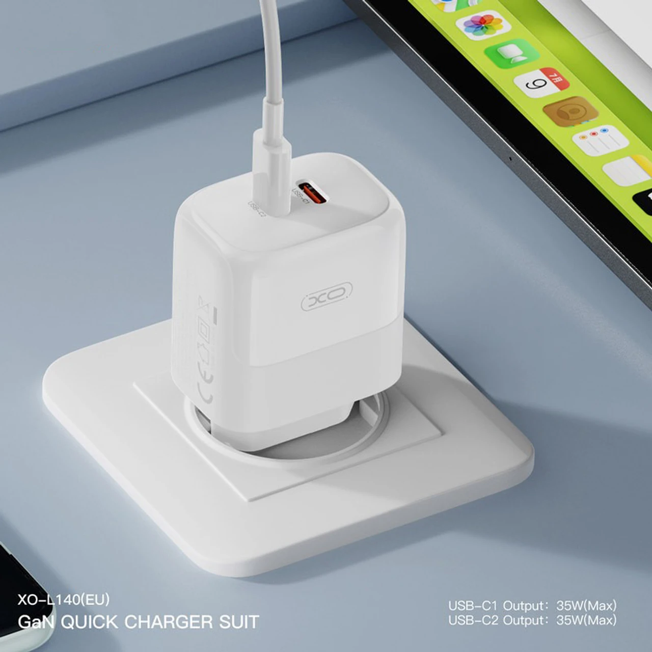شارژر دیواری PD و فست دو پورت XO مدل XO-L140(EU) 35W - سفید به همراه کابل شارژ Type-C To Lightning - سفید