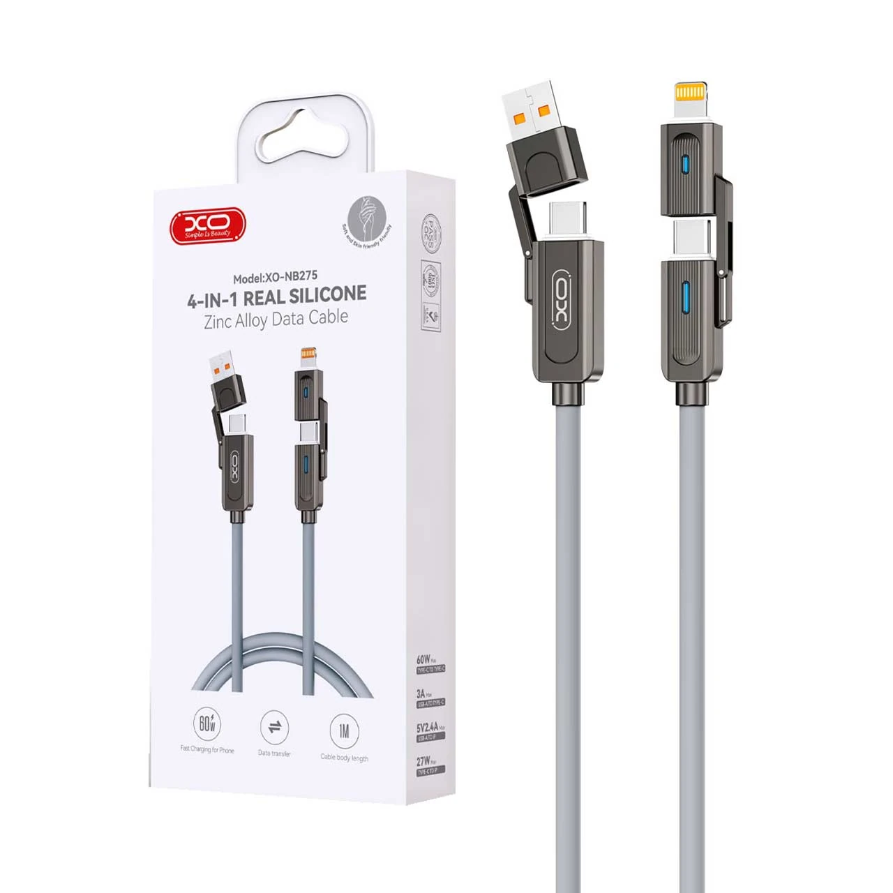 کابل شارژ PD و فست چندکاره XO مدل XO-NB275 60W - خاکستری