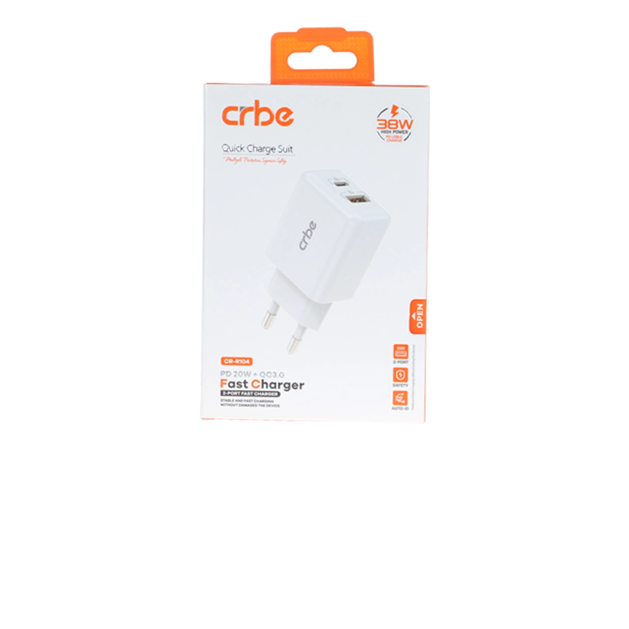 شارژر دیواری فست و PD دو پورت Crbe مدل CR-R104 38W - مشکی (گارانتی یکساله PMC)
