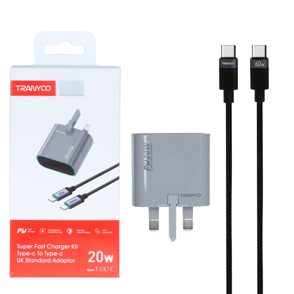 شارژر دیواری سه پین PD و فست تک پورت Tranyoo مدل T-UK7 C 20W به همراه کابل شارژ Type-C To Type-C - طوسی