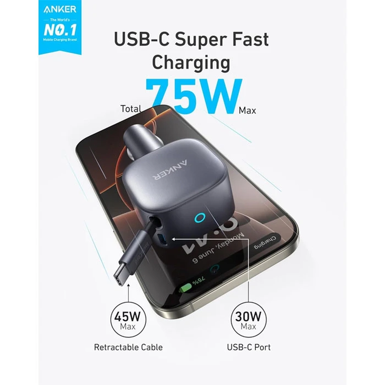 شارژر فندکی فست دو پورت به همراه کابل متصل ANKER Type-C مدل A2738HA2 75W - خاکستری (گارانتی 18ماهه حافظه طلایی ایستا)