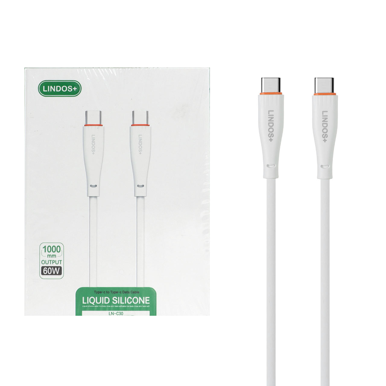 کابل شارژ فست Lindos+ Type-C To Type-C مدل LN-C30 60W - سفید (گارانتی تعویض یکساله شرکتی)
