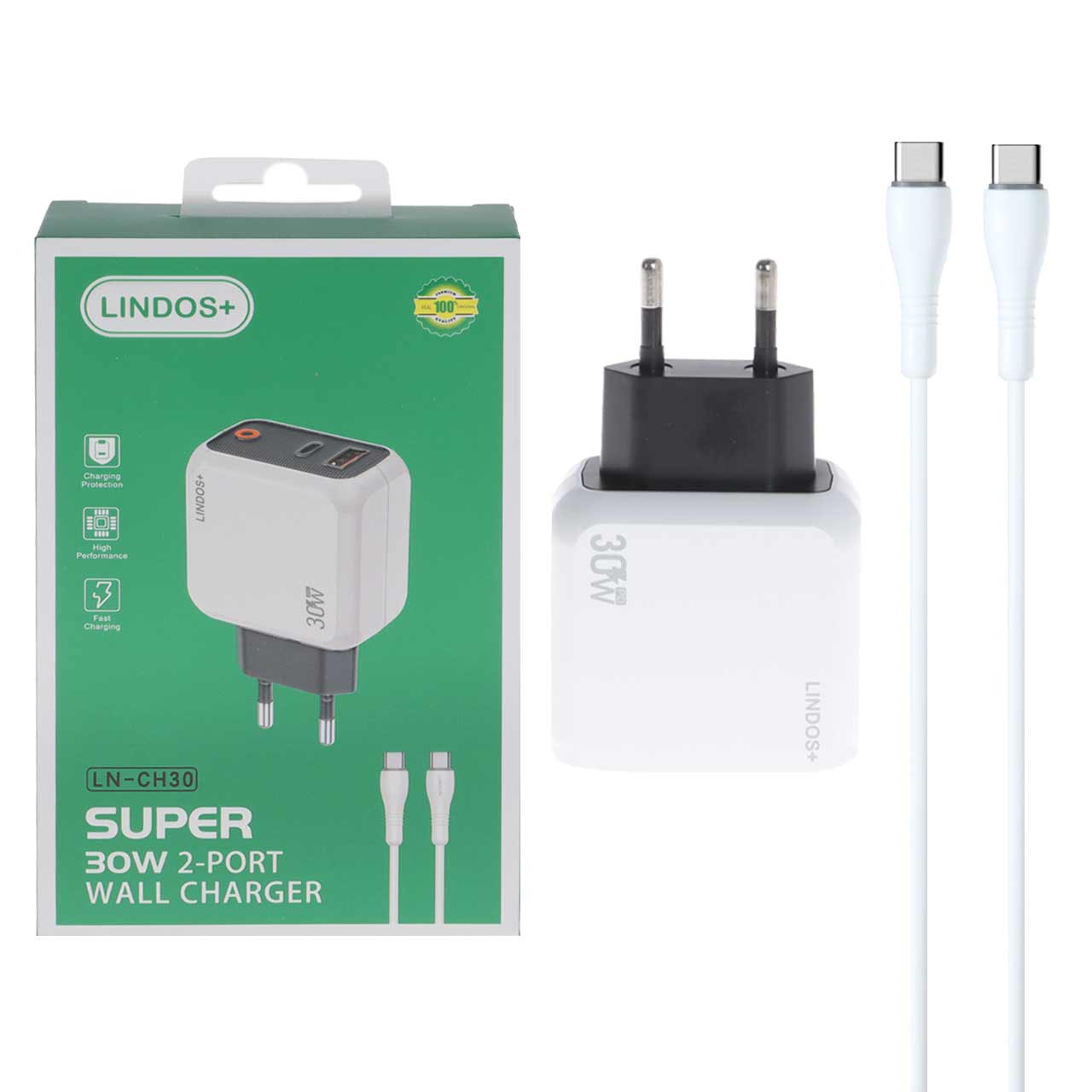 شارژر دیواری فست و PD دو پورت +Lindos مدل LN-CH30 30W به همراه کابل شارژ Type-C To Type-C - سفید (گارانتی تعویض یکساله شرکتی)
