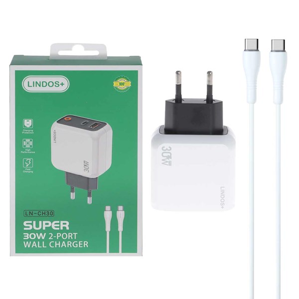 شارژر دیواری فست و PD دو پورت +Lindos مدل LN-CH30 30W به همراه کابل شارژ Type-C To Type-C - سفید (گارانتی تعویض یکساله شرکتی)
