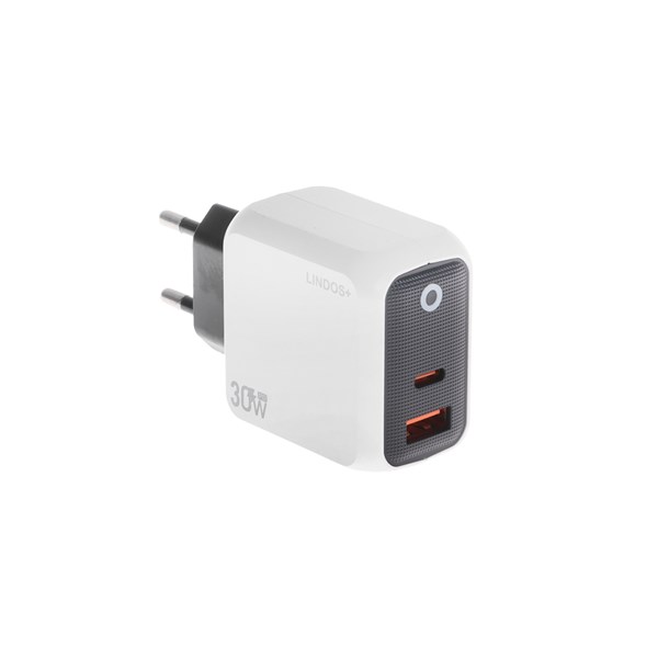 شارژر دیواری فست و PD دو پورت +Lindos مدل LN-CH30 30W به همراه کابل شارژ Type-C To Type-C - سفید (گارانتی تعویض یکساله شرکتی)