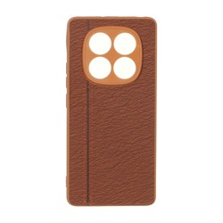 قاب طرح چرم دوخت خطی محافظ لنزدار Xiaomi Redmi Note 14 Pro 4G - قهوه ای
