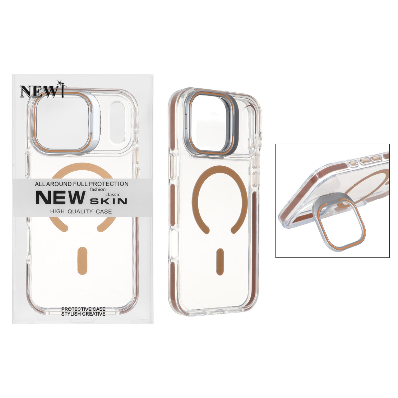 قاب اورجینال New Skin شفاف کریستالی MagSafe لنز استندشو Apple iPhone 17 Pro Max - صحرایی (پک دار)
