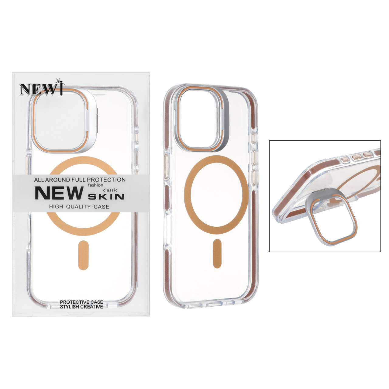 قاب اورجینال New Skin شفاف کریستالی MagSafe لنز استندشو Apple iPhone 17 - صحرایی (پک دار)