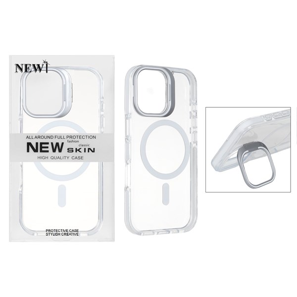 قاب اورجینال New Skin شفاف کریستالی MagSafe لنز استندشو Apple iPhone 17 - سفید (پک دار)