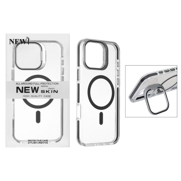 قاب اورجینال New Skin شفاف کریستالی MagSafe لنز استندشو Apple iPhone 16 Pro Max - مشکی (پک دار)