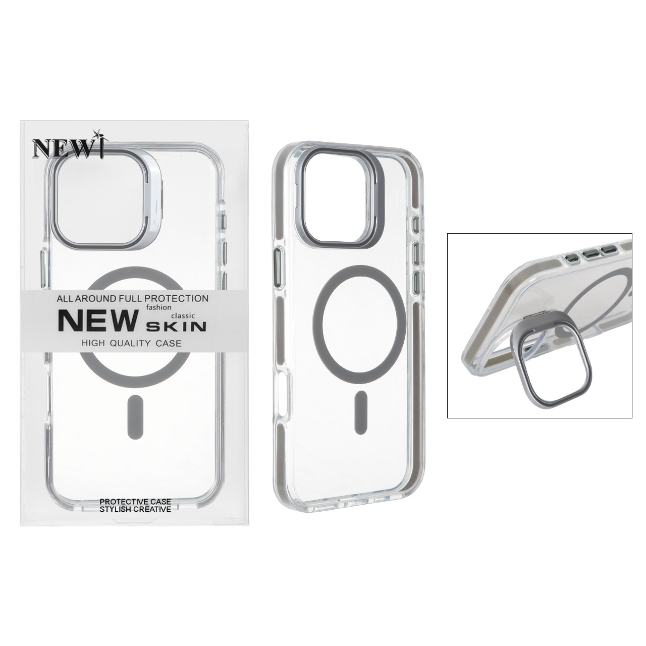 قاب اورجینال New Skin شفاف کریستالی MagSafe لنز استندشو Apple iPhone 16 Pro Max - خاکستری (پک دار)