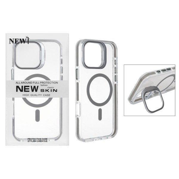 قاب اورجینال New Skin شفاف کریستالی MagSafe لنز استندشو Apple iPhone 16 Pro Max - خاکستری (پک دار)