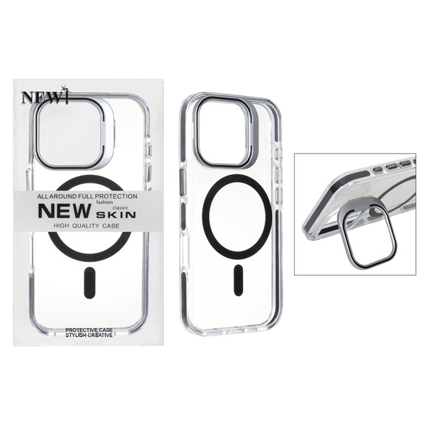 قاب اورجینال New Skin شفاف کریستالی MagSafe لنز استندشو Apple iPhone 16 Pro - مشکی (پک دار)