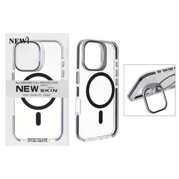 قاب اورجینال New Skin شفاف کریستالی MagSafe لنز استندشو Apple iPhone 16 - مشکی (پک دار)