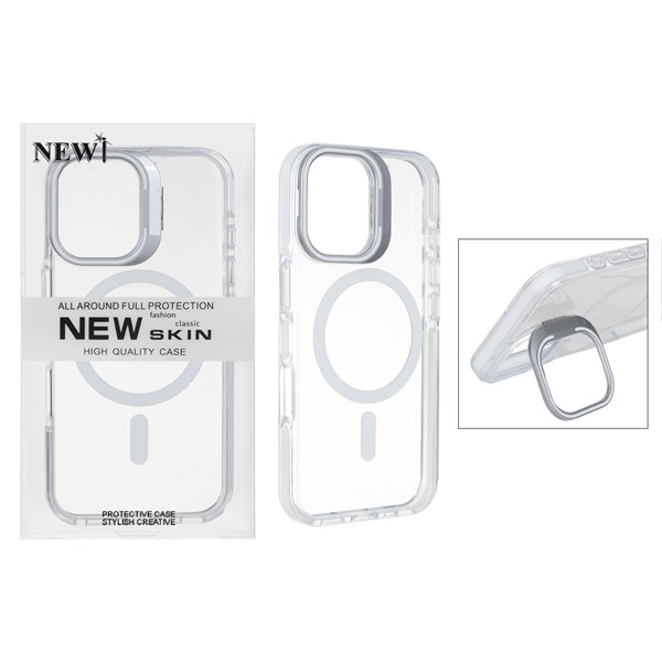 قاب اورجینال New Skin شفاف کریستالی MagSafe لنز استندشو Apple iPhone 16 - سفید (پک دار)