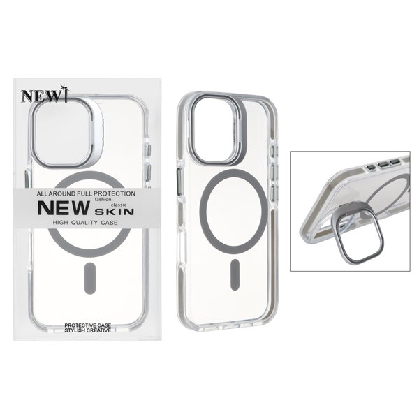 قاب اورجینال New Skin شفاف کریستالی MagSafe لنز استندشو Apple iPhone 16 - خاکستری (پک دار)