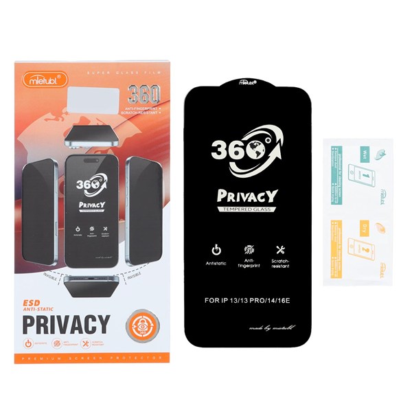 محافظ صفحه نمایش شیشه ای Full Cover Mietubl 360 Privacy مدل Apple iPhone 13 / iPhone 13 Pro / iPhone 14 / 16e (پک دار) - NTC