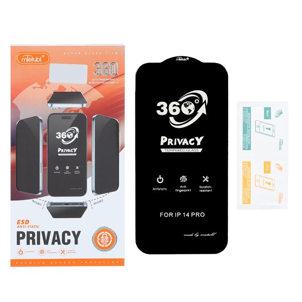 محافظ صفحه نمایش شیشه ای Full Cover Mietubl 360 Privacy مدل Apple iPhone 16 / iPhone 15 / iPhone 14 Pro (پک دار) - NTC