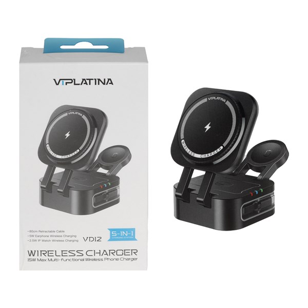 شارژر وایرلس سه کاره VIPLATINA مدل VD12 - مشکی (گارانتی 18 ماه تعویض نیکان همراه)