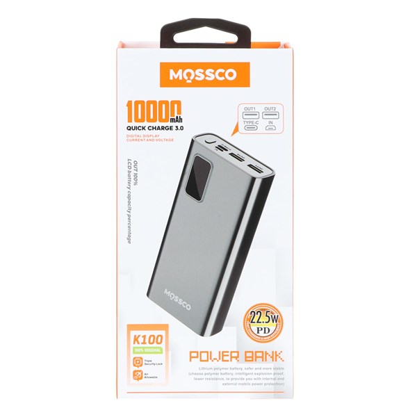 پاوربانک (PD و فست شارژ) Mossco 10000mAh مدل K100 22.5W - مشکی