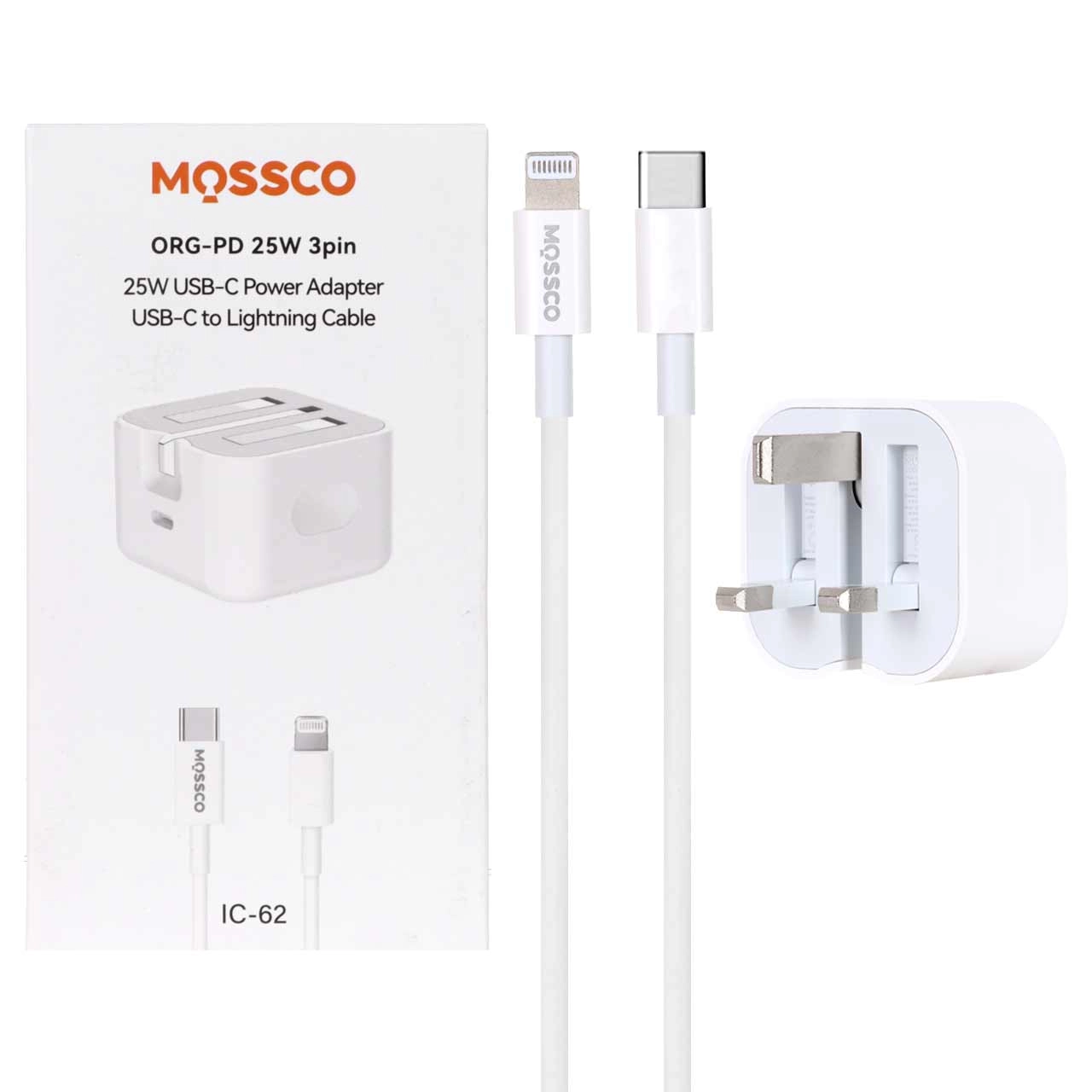 شارژر دیواری سه پین PD و فست تک پورت Mossco مدل IC-62 25W به همراه کابل شارژ Type-C To Ligthning - سفید