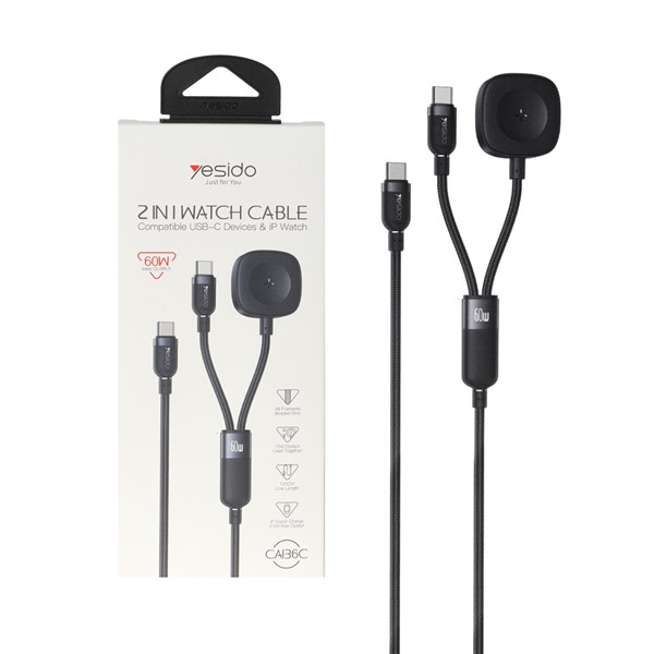 کابل شارژ 1.2 متری فست Type-C to Type-C و شارژر وایرلس yesido مدل CA136C 60W - مشکی (گارانتی 18 ماه تعویض نیکان همراه)