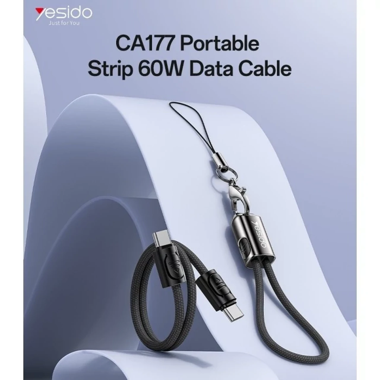کابل شارژ فست 20 سانتی Yesido Type-C To Type-C و جاسوئیچی مدل CA177 60W - مشکی (گارانتی 18 ماه تعویض نیکان همراه)